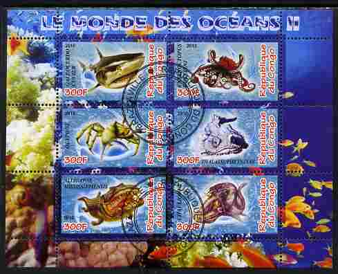 Congo 2010 Ocean Life #02 perf sheetlet containing 6 values fine cto used, stamps on , stamps on  stamps on marine life, stamps on  stamps on fish, stamps on  stamps on coral