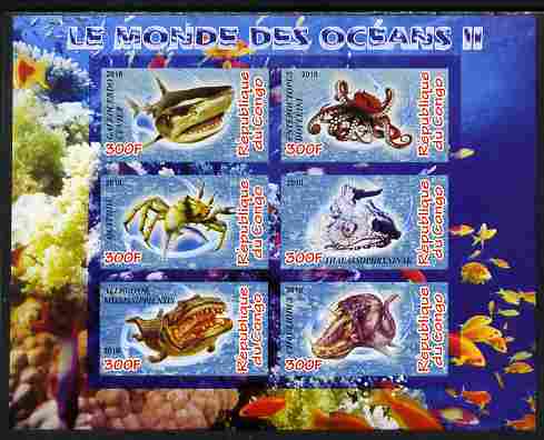 Congo 2010 Ocean Life #02 imperf sheetlet containing 6 values unmounted mint, stamps on , stamps on  stamps on marine life, stamps on  stamps on fish, stamps on  stamps on coral