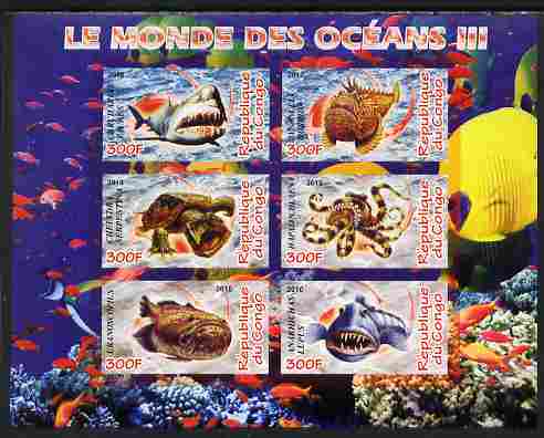 Congo 2010 Ocean Life #03 imperf sheetlet containing 6 values unmounted mint, stamps on , stamps on  stamps on marine life, stamps on  stamps on fish, stamps on  stamps on coral