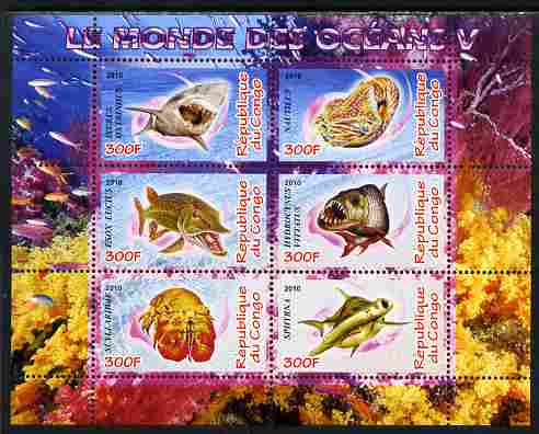 Congo 2010 Ocean Life #05 perf sheetlet containing 6 values unmounted mint, stamps on marine life, stamps on fish, stamps on coral