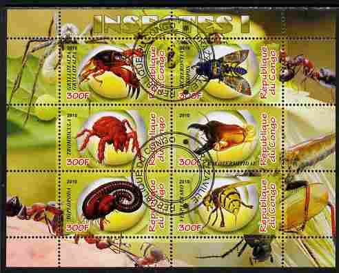 Congo 2010 Insects #01 perf sheetlet containing 6 values fine cto used, stamps on , stamps on  stamps on insects