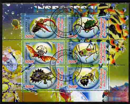 Congo 2010 Insects #02 perf sheetlet containing 6 values fine cto used, stamps on , stamps on  stamps on insects