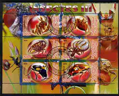Congo 2010 Insects #03 perf sheetlet containing 6 values fine cto used, stamps on insects