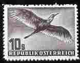 Austria 1950-53 Birds 10s Grey Heron  'Maryland' forgery 'unused', as SG 1220 - the word Forgery is printed on the back and comes on a presentation card with descriptive notes, stamps on maryland, stamps on forgery, stamps on forgeries, stamps on birds, stamps on herons