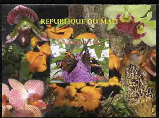 Mali 2010 Butterflies #01 with Orchids & Fungi in background imperf s/sheet unmounted mint. Note this item is privately produced and is offered purely on its thematic appeal,, stamps on , stamps on  stamps on butterflies, stamps on  stamps on flowers, stamps on  stamps on orchids, stamps on  stamps on fungi