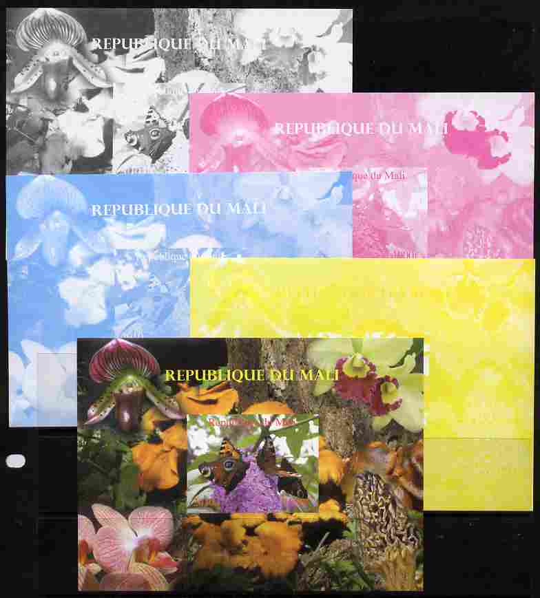 Mali 2010 Butterflies #01 with Orchids & Fungi in background s/sheet - the set of 5 imperf progressive proofs comprising the 4 individual colours plus all 4-colour composite, unmounted mint , stamps on butterflies, stamps on flowers, stamps on orchids, stamps on fungi