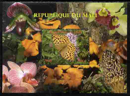 Mali 2010 Butterflies #02 with Orchids & Fungi in background perf s/sheet unmounted mint. Note this item is privately produced and is offered purely on its thematic appeal,, stamps on , stamps on  stamps on butterflies, stamps on  stamps on flowers, stamps on  stamps on orchids, stamps on  stamps on fungi