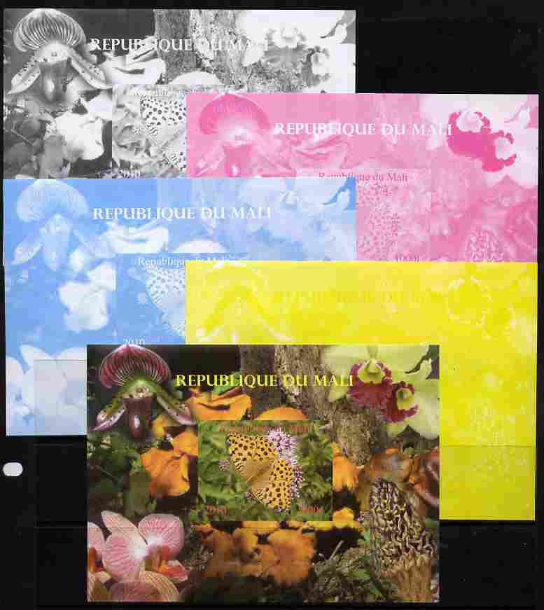Mali 2010 Butterflies #02 with Orchids & Fungi in background s/sheet - the set of 5 imperf progressive proofs comprising the 4 individual colours plus all 4-colour compos..., stamps on butterflies, stamps on flowers, stamps on orchids, stamps on fungi