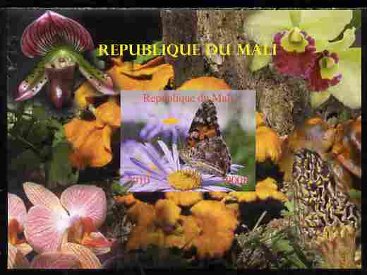 Mali 2010 Butterflies #03 with Orchids & Fungi in background imperf s/sheet unmounted mint. Note this item is privately produced and is offered purely on its thematic appeal,, stamps on , stamps on  stamps on butterflies, stamps on  stamps on flowers, stamps on  stamps on orchids, stamps on  stamps on fungi