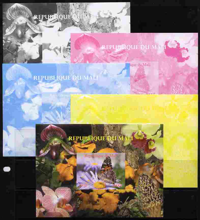 Mali 2010 Butterflies #03 with Orchids & Fungi in background s/sheet - the set of 5 imperf progressive proofs comprising the 4 individual colours plus all 4-colour composite, unmounted mint , stamps on butterflies, stamps on flowers, stamps on orchids, stamps on fungi