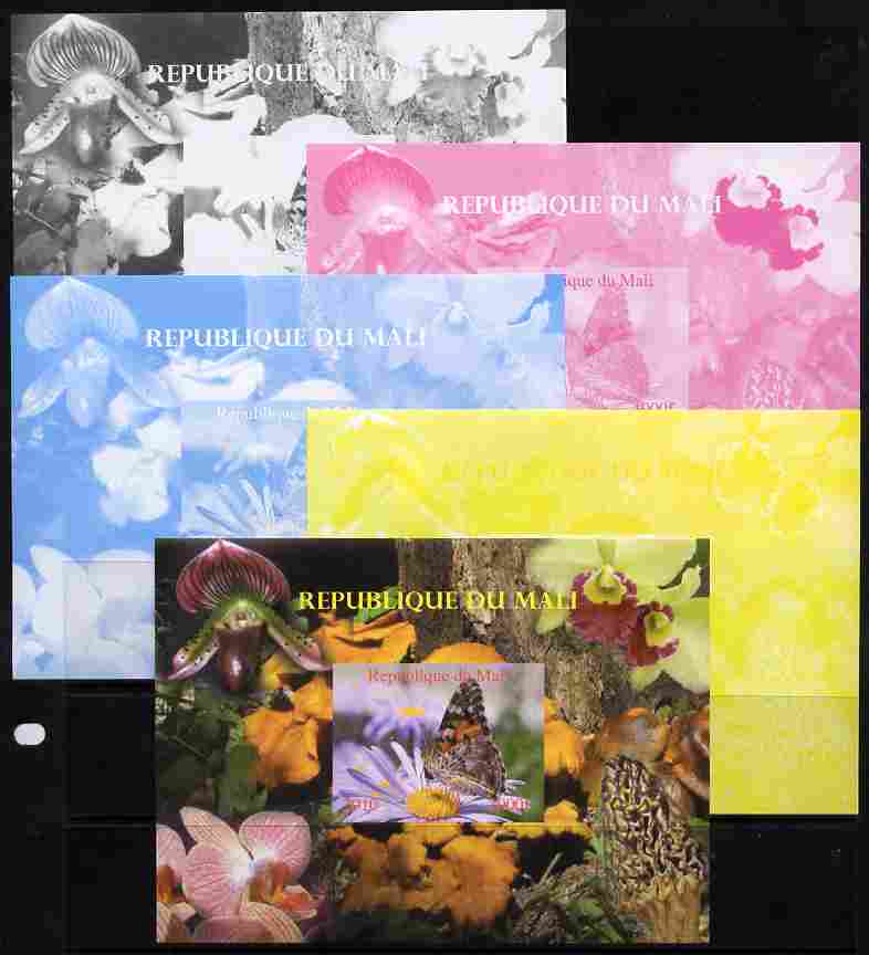 Mali 2010 Butterflies #03 with Orchids & Fungi in background s/sheet - the set of 5 imperf progressive proofs comprising the 4 individual colours plus all 4-colour composite, unmounted mint , stamps on butterflies, stamps on flowers, stamps on orchids, stamps on fungi
