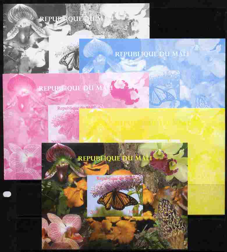 Mali 2010 Butterflies #04 with Orchids & Fungi in background s/sheet - the set of 5 imperf progressive proofs comprising the 4 individual colours plus all 4-colour composite, unmounted mint , stamps on butterflies, stamps on flowers, stamps on orchids, stamps on fungi
