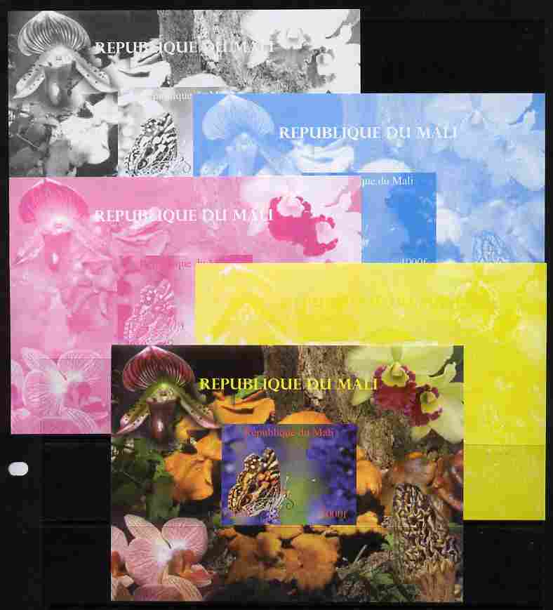 Mali 2010 Butterflies #05 with Orchids & Fungi in background s/sheet - the set of 5 imperf progressive proofs comprising the 4 individual colours plus all 4-colour composite, unmounted mint , stamps on butterflies, stamps on flowers, stamps on orchids, stamps on fungi