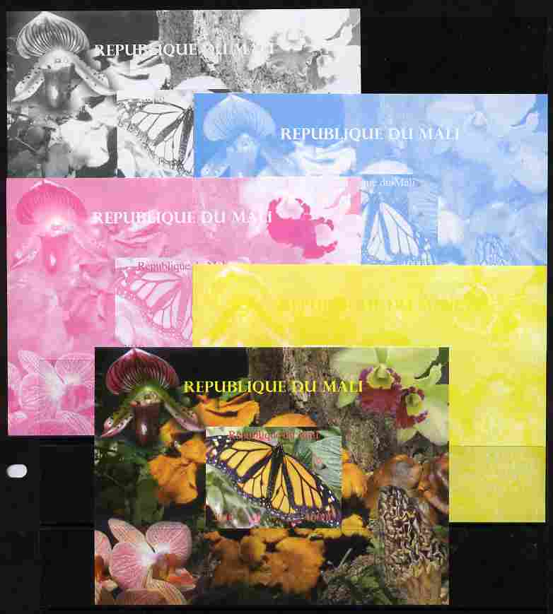 Mali 2010 Butterflies #06 with Orchids & Fungi in background s/sheet - the set of 5 imperf progressive proofs comprising the 4 individual colours plus all 4-colour composite, unmounted mint , stamps on butterflies, stamps on flowers, stamps on orchids, stamps on fungi