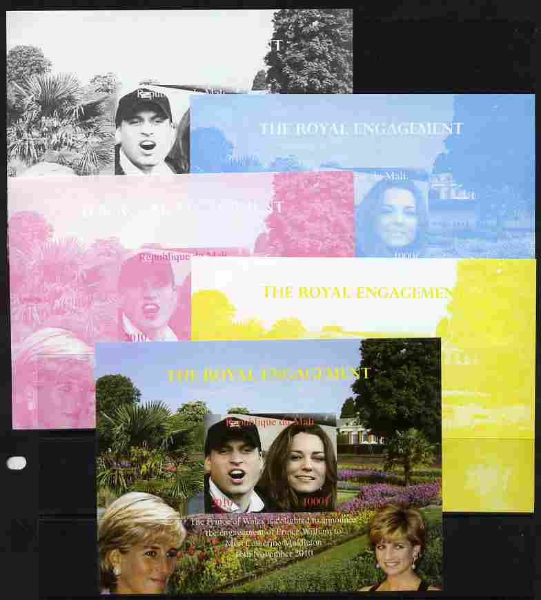 Mali 2010 Royal Engagement (William & Kate) #01 s/sheet - the set of 5 imperf progressive proofs comprising the 4 individual colours plus all 4-colour composite, unmounte..., stamps on royalty, stamps on william, stamps on kate, stamps on diana