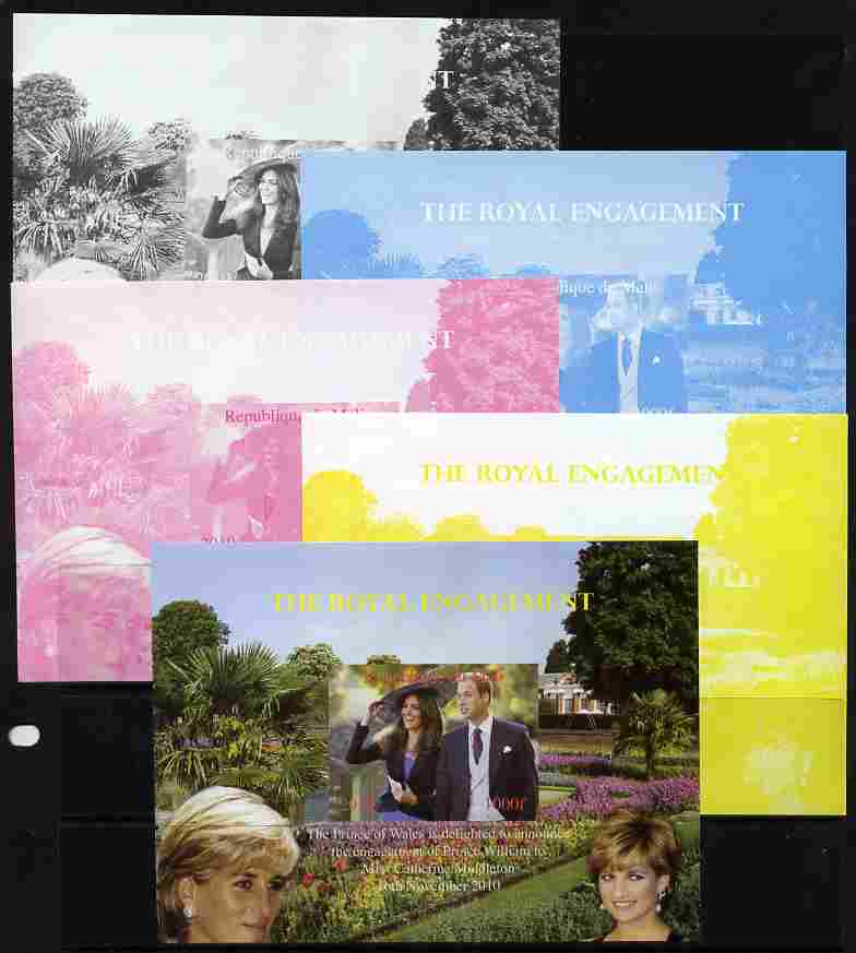 Mali 2010 Royal Engagement (William & Kate) #04 s/sheet - the set of 5 imperf progressive proofs comprising the 4 individual colours plus all 4-colour composite, unmounted mint , stamps on royalty, stamps on william, stamps on kate, stamps on diana