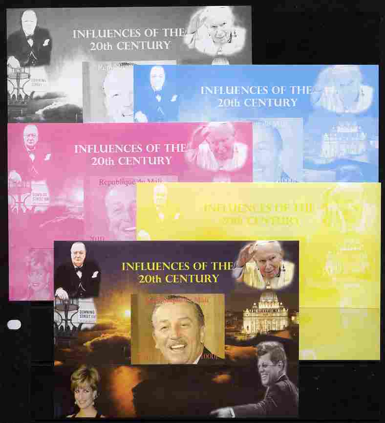 Mali 2010 Influences of the 20th Century #02 (Churchill, Diana, Disney, JFK & The Pope) s/sheet - the set of 5 imperf progressive proofs comprising the 4 individual colours plus all 4-colour composite, unmounted mint , stamps on royalty, stamps on diana, stamps on personalities, stamps on churchill, stamps on constitutions, stamps on  ww2 , stamps on masonry, stamps on masonics, stamps on disney, stamps on movies, stamps on films, stamps on cinema, stamps on kennedy, stamps on usa presidents, stamps on americana, stamps on pope, stamps on popes