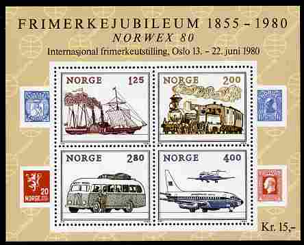 Norway 1980 Norwex '80 Stamp Exhibition perf m/sheet containing 4 values unmounted mint SG MS 862, stamps on , stamps on  stamps on stamp exhibitions, stamps on  stamps on transport, stamps on  stamps on ships, stamps on  stamps on paddle steamers, stamps on  stamps on railways, stamps on  stamps on aviation, stamps on  stamps on buses