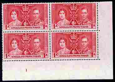 Somaliland 1937 KG6 Coronation 1a corner plate block of 4 (plate 1) unmounted mint (Coronation plate blocks are rare) SG 90, stamps on , stamps on  stamps on , stamps on  stamps on  kg6 , stamps on  stamps on coronation