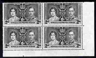 Somaliland 1937 KG6 Coronation 2a corner plate block of 4 (plate 1) unmounted mint (Coronation plate blocks are rare) SG 91, stamps on , stamps on  stamps on , stamps on  stamps on  kg6 , stamps on  stamps on coronation