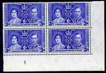 Somaliland 1937 KG6 Coronation 3a corner plate block of 4 (plate 1) unmounted mint (Coronation plate blocks are rare) SG 92