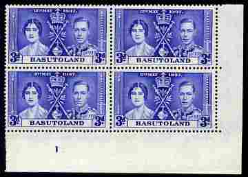 Basutoland 1937 KG6 Coronation 3d corner plate block of 4 (plate 1) unmounted mint (Coronation plate blocks are rare) SG 17, stamps on , stamps on  kg6 , stamps on coronation