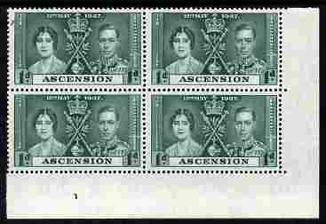 Ascension 1937 KG6 Coronation 1d corner plate block of 4 (part plate 1) unmounted mint (Coronation plate blocks are rare) SG 35, stamps on , stamps on  kg6 , stamps on coronation