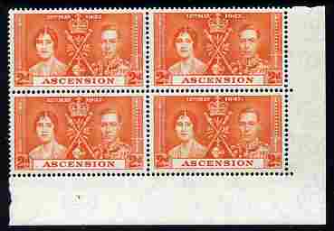 Ascension 1937 KG6 Coronation 2d corner plate block of 4 (plate 1) unmounted mint (Coronation plate blocks are rare) SG 36, stamps on , stamps on  stamps on , stamps on  stamps on  kg6 , stamps on  stamps on coronation