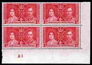Bechuanaland 1937 KG6 Coronation 1d corner plate block of 4 (plate A1) unmounted mint (Coronation plate blocks are rare) SG 115, stamps on , stamps on  kg6 , stamps on coronation