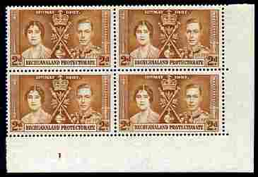 Bechuanaland 1937 KG6 Coronation 2d corner plate block of 4 (plate 1) unmounted mint (Coronation plate blocks are rare) SG 116, stamps on , stamps on  kg6 , stamps on coronation