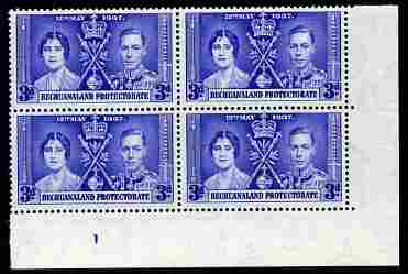 Bechuanaland 1937 KG6 Coronation 3d corner plate block of 4 (plate 1) unmounted mint (Coronation plate blocks are rare) SG 117, stamps on , stamps on  stamps on , stamps on  stamps on  kg6 , stamps on  stamps on coronation