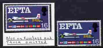 Great Britain 1967 EFTA 1s6d (phosphor) with blue-grey omitted (fusalage & trucks) mounted mint plus normal (formerly in the Lady Mairi Bury Collection) SG 716pd, stamps on business    trucks    aviation