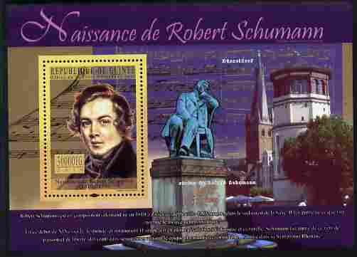 Guinea - Conakry 2010 200th Birth Anniversary of Robert Schumann perf m/sheet unmounted mint, stamps on , stamps on  stamps on music, stamps on  stamps on composers, stamps on  stamps on personalities, stamps on  stamps on statues