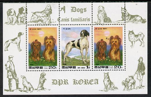 North Korea 1994 Chinese New Year - Year of the Dog sheetlet #2 containing 1wn and 2 x 20ch values, stamps on animals, stamps on dogs, stamps on pointer, stamps on  gsd , stamps on yorkshire terrier, stamps on , stamps on lunar, stamps on lunar new year