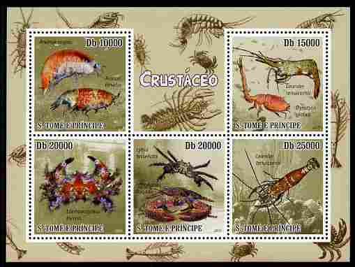 St Thomas & Prince Islands 2010 Crustaceans perf sheetlet containing 5 values unmounted mint, stamps on marine life, stamps on crabs, stamps on shrimp, stamps on 