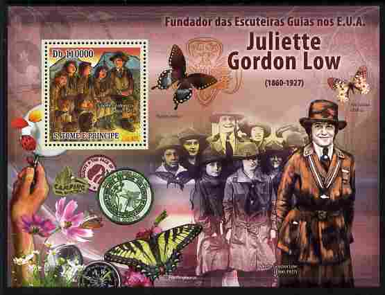 St Thomas & Prince Islands 2010 Juliette Gordon Low (Girl Scouts of America) perf m/sheet unmounted mint, stamps on scouts, stamps on guides, stamps on personalities, stamps on women, stamps on butterflies