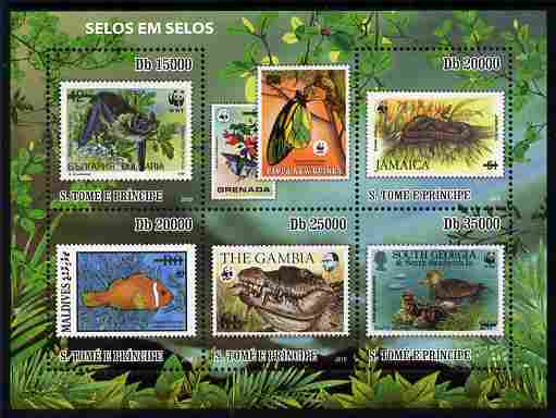 St Thomas & Prince Islands 2010 Stamp On Stamp - WWF Fauna perf sheetlet containing 5 values unmounted mint, stamps on stamponstamp, stamps on stamp on stamp, stamps on  wwf , stamps on animals, stamps on fish, stamps on reptiles, stamps on birds, stamps on butterflies, stamps on snakes, stamps on bats, stamps on mammals