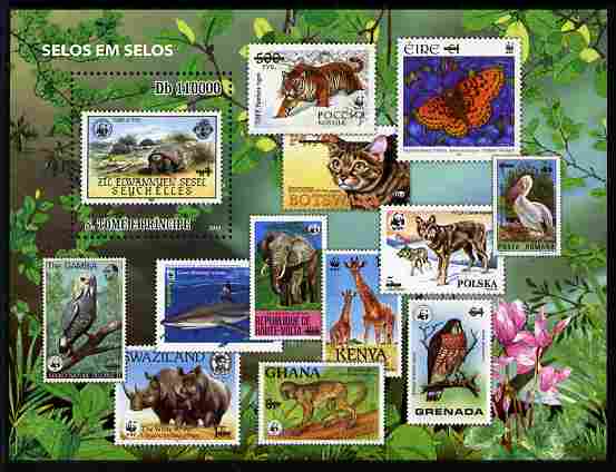 St Thomas & Prince Islands 2010 Stamp On Stamp - WWF Fauna perf m/sheet unmounted mint, stamps on stamponstamp, stamps on stamp on stamp, stamps on  wwf , stamps on animals, stamps on fish, stamps on reptiles, stamps on birds, stamps on butterflies, stamps on 