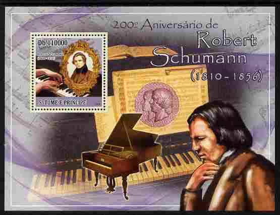 St Thomas & Prince Islands 2010 200th Birth Anniversary of Robert Schumann perf m/sheet unmounted mint, stamps on music, stamps on composers, stamps on personalities, stamps on 