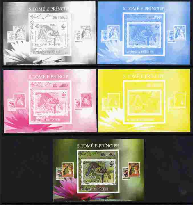St Thomas & Prince Islands 2010 Stamp On Stamp - WWF Bat (Bulgaria) individual deluxe sheet - the set of 5 imperf progressive proofs comprising the 4 individual colours plus all 4-colour composite, unmounted mint, stamps on stamponstamp, stamps on stamp on stamp, stamps on  wwf , stamps on bats, stamps on mammals