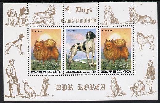 North Korea 1994 Chinese New Year - Year of the Dog sheetlet #4 containing 1wn and 2 x 40ch values, stamps on , stamps on  stamps on animals, stamps on  stamps on dogs, stamps on  stamps on pointer, stamps on  stamps on  gsd , stamps on  stamps on pomeranian, stamps on  stamps on lunar, stamps on  stamps on lunar new year