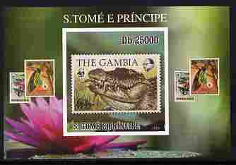 St Thomas & Prince Islands 2010 Stamp On Stamp - WWF Crocodile (The Gambia) individual imperf deluxe sheet unmounted mint. Note this item is privately produced and is offered purely on its thematic appeal, stamps on , stamps on  stamps on stamponstamp, stamps on  stamps on stamp on stamp, stamps on  stamps on  wwf reptiles, stamps on  stamps on crocodiles