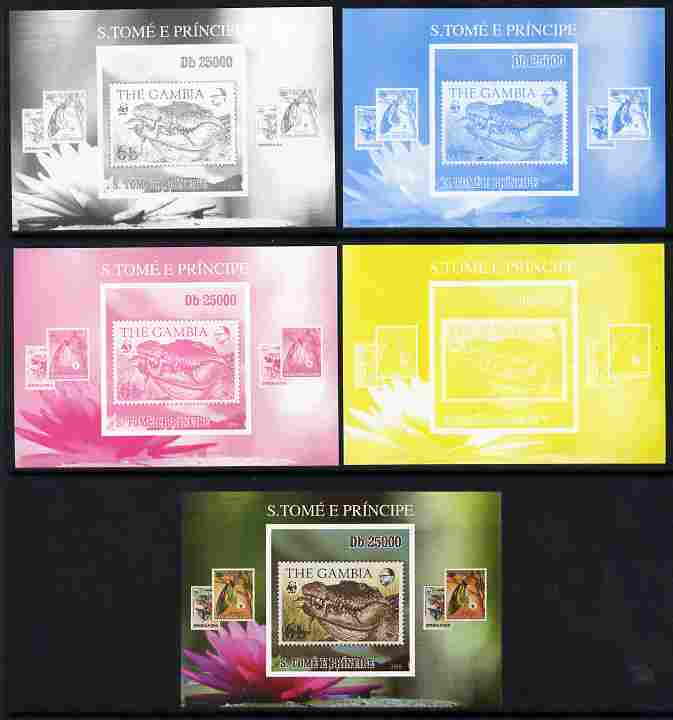 St Thomas & Prince Islands 2010 Stamp On Stamp - WWF Crocodile (The Gambia) individual deluxe sheet - the set of 5 imperf progressive proofs comprising the 4 individual colours plus all 4-colour composite, unmounted mint, stamps on stamponstamp, stamps on stamp on stamp, stamps on  wwf reptiles, stamps on crocodiles