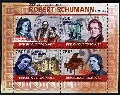 Togo 2010 200th Birth Anniversary of Robert Schumann perf sheetlet containing 4 values unmounted mint, stamps on , stamps on  stamps on music, stamps on  stamps on composers, stamps on  stamps on personalities, stamps on  stamps on 