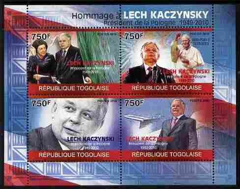 Togo 2010 Tribute to Lech Kaczynski (president of Poland) perf sheetlet containing 4 values unmounted mint, stamps on personalities, stamps on constitutions, stamps on pope, stamps on aviation