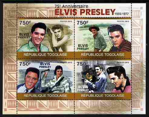 Togo 2010 75th Birth Anniversary of Elvis Presley perf sheetlet containing 4 values unmounted mint, stamps on personalities, stamps on elvis, stamps on music, stamps on films, stamps on cinema, stamps on movies, stamps on pops, stamps on rock