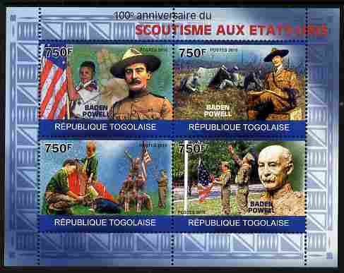 Togo 2010 Centenary of Scouting in United States perf sheetlet containing 4 values unmounted mint, stamps on , stamps on  stamps on scouts, stamps on  stamps on americana, stamps on  stamps on 