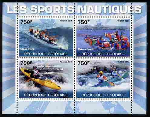 Togo 2010 Water Sports #1 perf sheetlet containing 4 values unmounted mint, stamps on , stamps on  stamps on sport, stamps on  stamps on canoes, stamps on  stamps on kayak