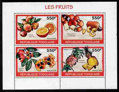 Togo 2010 Fruits perf sheetlet containing 4 values unmounted mint, stamps on , stamps on  stamps on fruit, stamps on  stamps on food, stamps on  stamps on oranges, stamps on  stamps on apples, stamps on  stamps on pineapples