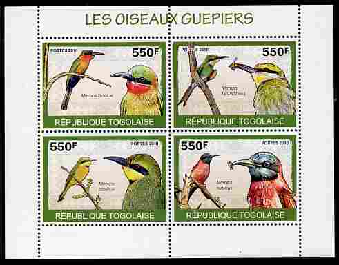 Togo 2010 Birds - Bee Eaters perf sheetlet containing 4 values unmounted mint, stamps on birds, stamps on bee eaters